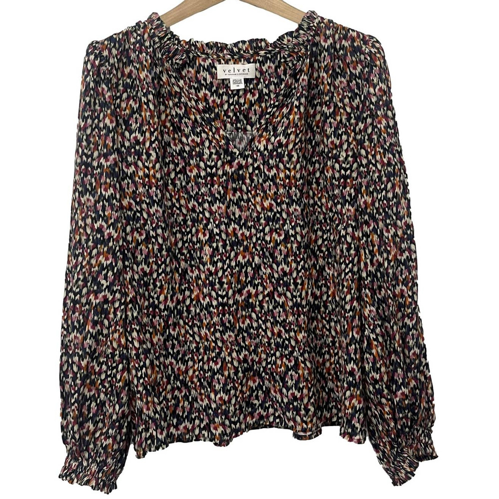 Velvet By Graham & Spencer Abstract Print Ruffle Neck Silky Viscose Blouse XS - Picture 1 of 5